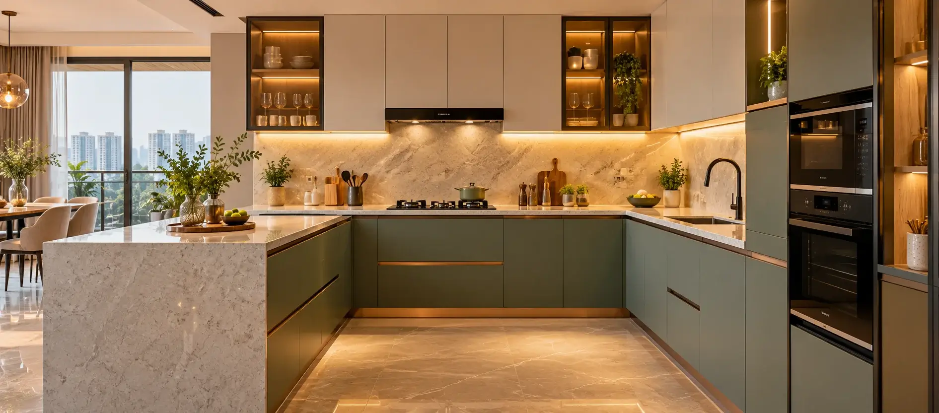 Modular kitchen in a Greater Noida high-rise apartment with white and wood finish